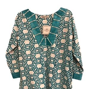 NWT BARBARA GERWIT Mini Dress Tunic Pearl Trim Geometric 100% Cotton Sz M